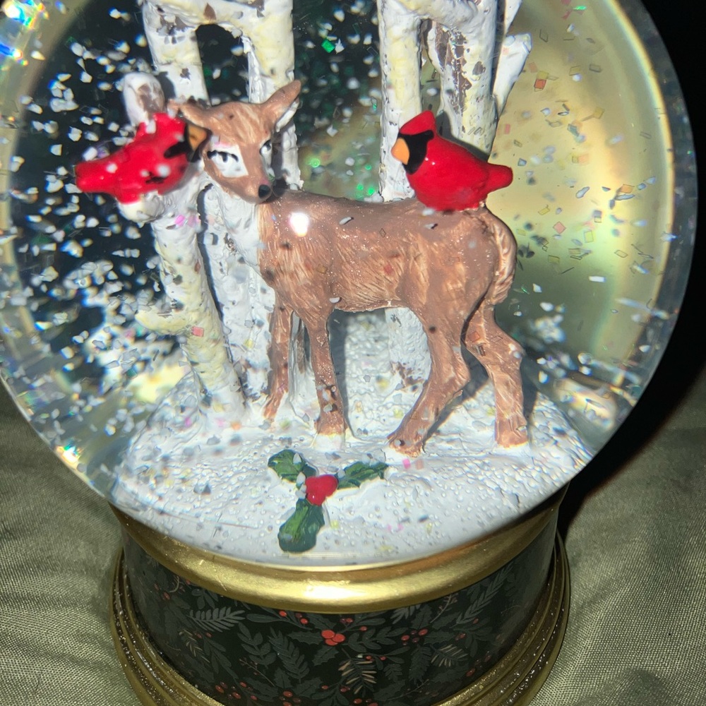 Holiday Snow Globe with Deer and Cardinals